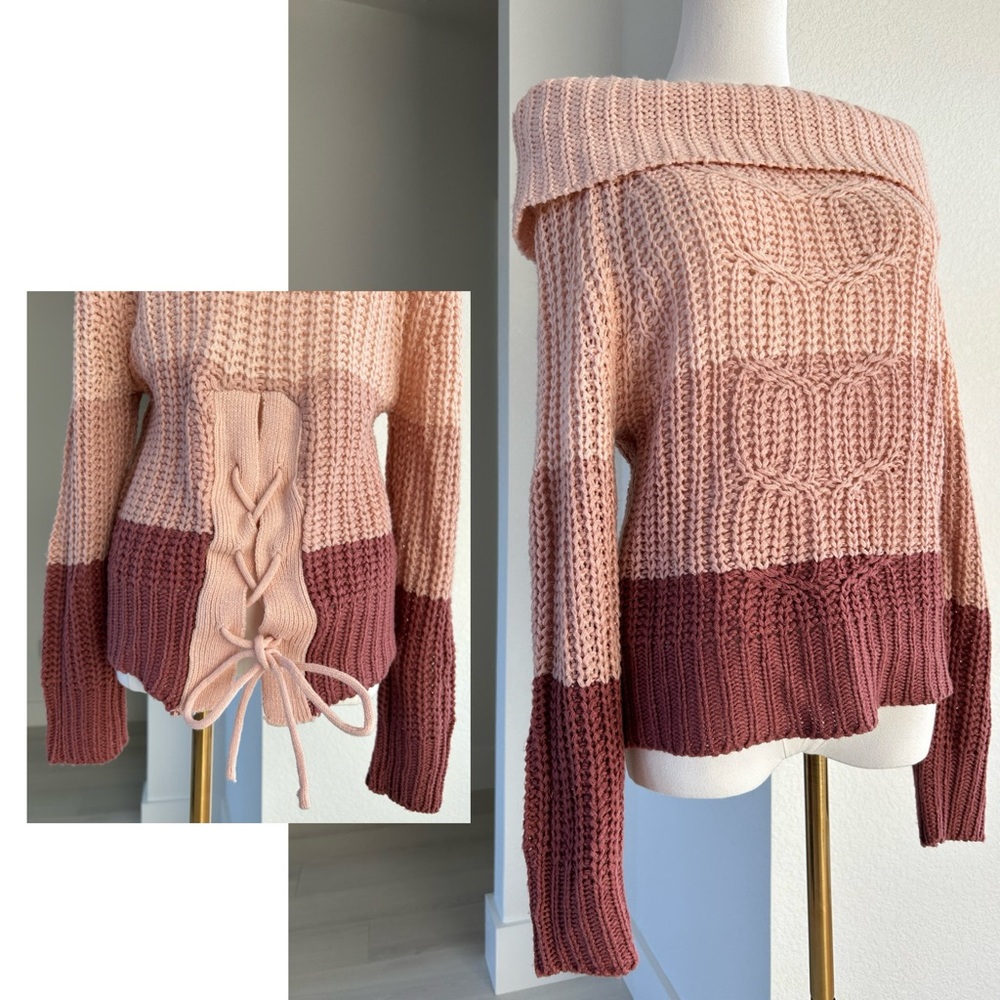 Derek Heart Pink Mauve Stripe Lace Up Off Shoulder Cable Knit Sweater Medium